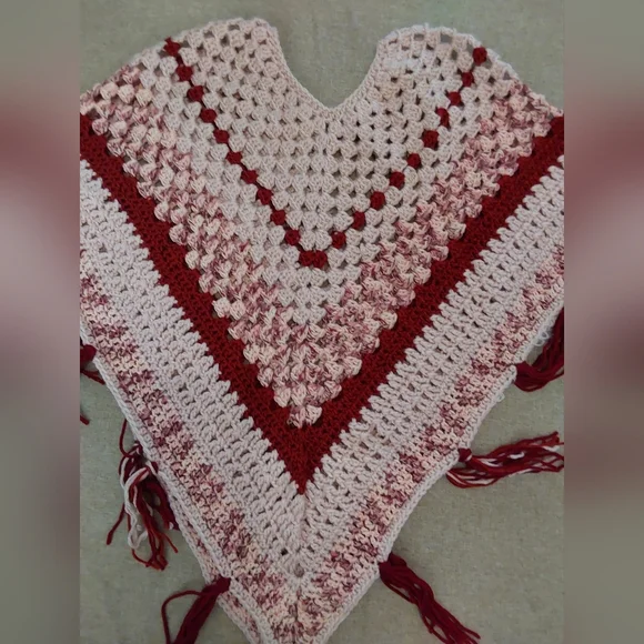 Crochet Poncho, Girl's size Large Pink and Red Colors Handmade Crochet Poncho - Picture 2 of 7